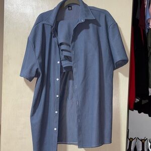 Casual Blue Striped Button-Down Combo